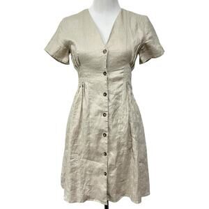 MNG Mango Linen Dress Beige A-Line Pleated Sides Button Front Euro Summer Sz XXS